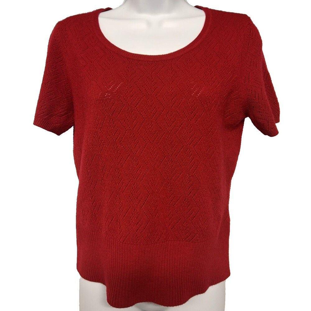 Casual Corner Annex Woman's M Red Open Knit Short Sleeves Round Neck Vintage Y2K